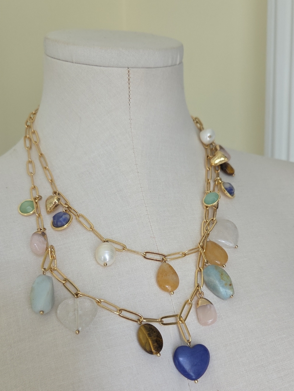 Talbots Gold Layered Necklace with Blue Heart and Multicolor Gem Charms